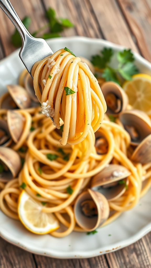 A delicious plate of linguine with clams and garlic butter sauce, garnished with parsley and lemon.